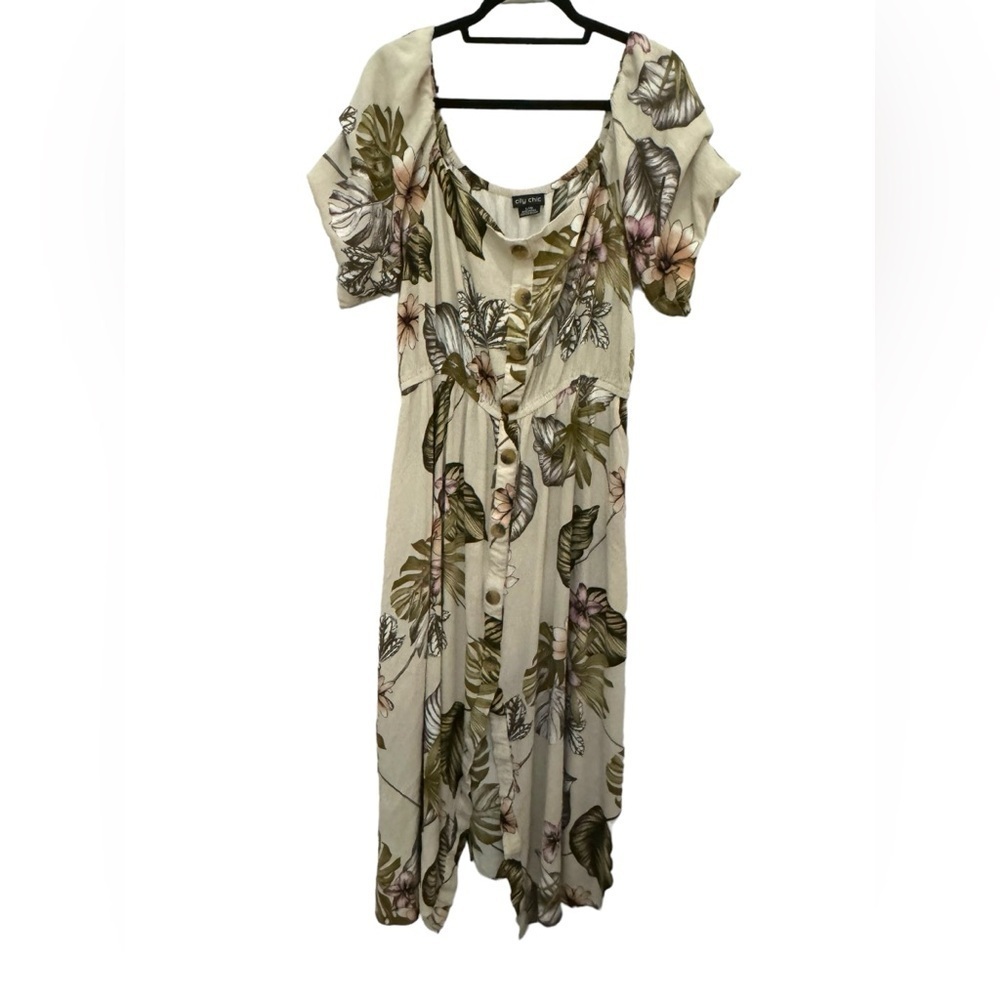 City Chic Floral Maxi Dress in Cream, Olive & Pink